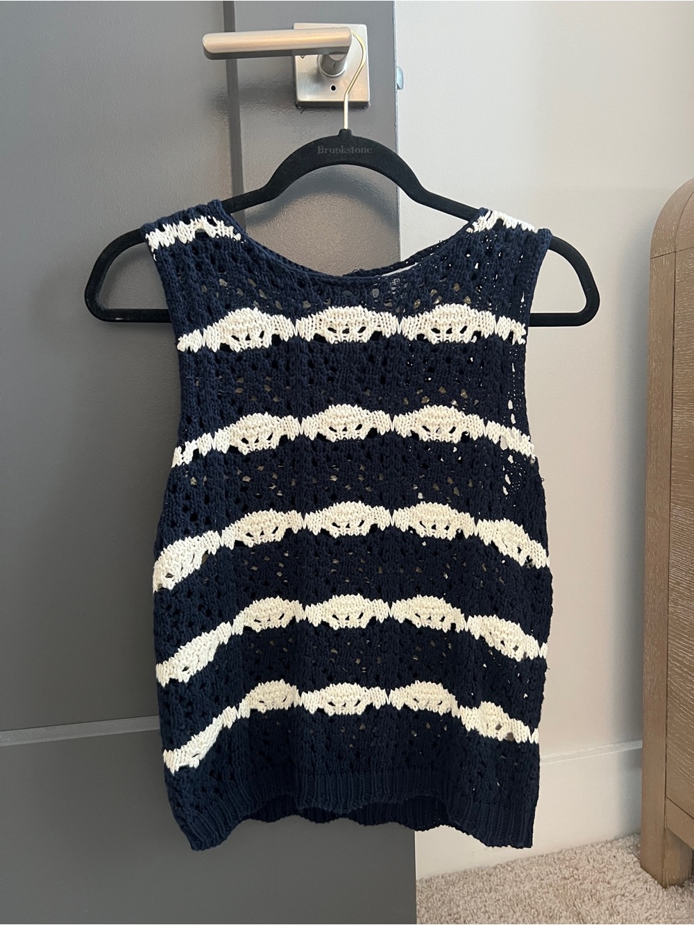 Evereve Navy & Cream Striped Crochet Shell